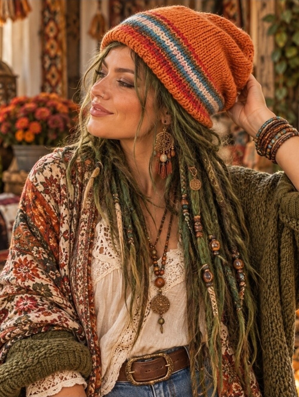 4/$15 Rust Orange Slouchy Knit Beanie Multicolor Striped Boho Cottagecore 70s
